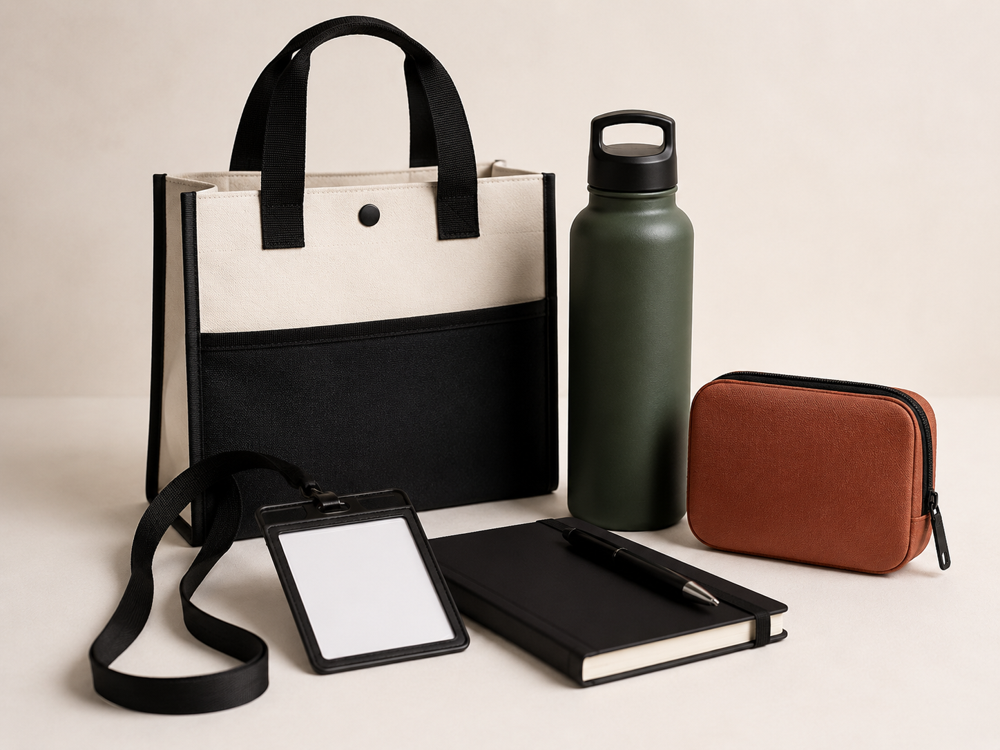 Event staff merchandise kit with tote, badge, cap, and bottle
